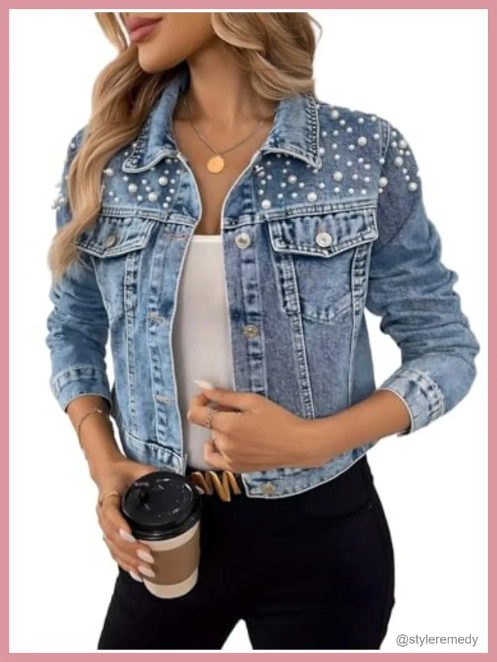 Pearl Embellished Denim Jacket Cropped Button Front Long Sleeve with Pockets